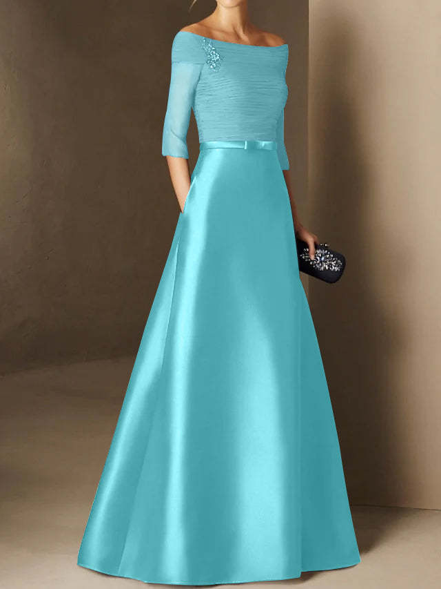 Short-Sleeve Off-the-Shoulder A-Line Mother of the Bride Dress with Belt Applique