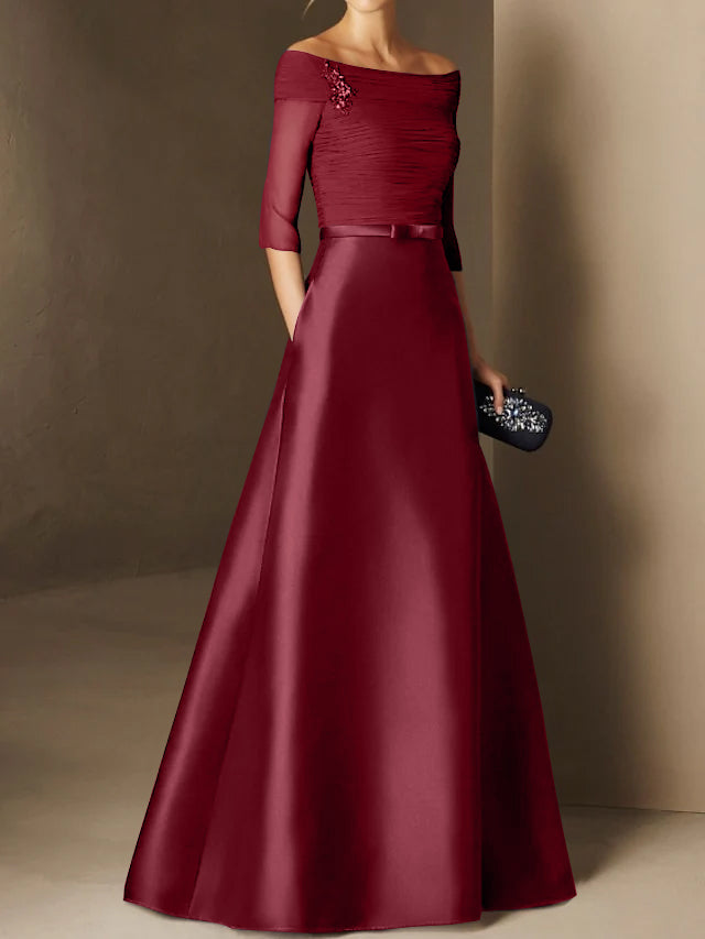 Short-Sleeve Off-the-Shoulder A-Line Mother of the Bride Dress with Belt Applique