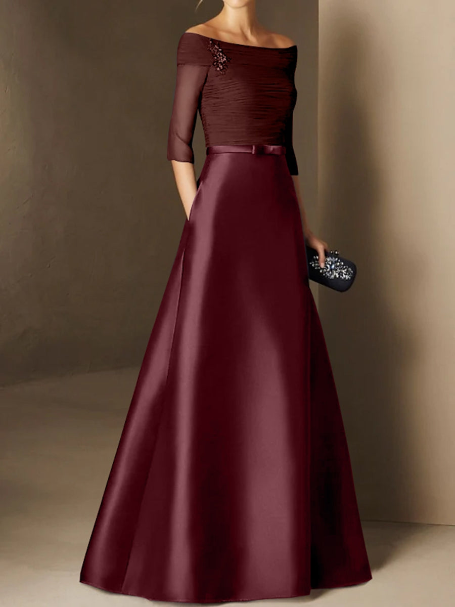 Short-Sleeve Off-the-Shoulder A-Line Mother of the Bride Dress with Belt Applique