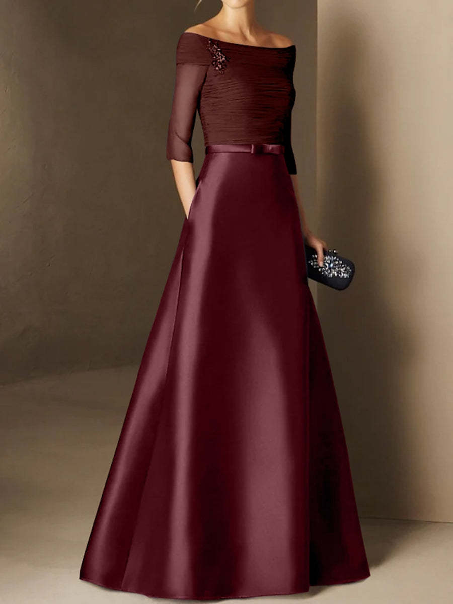 Short-Sleeve Off-the-Shoulder A-Line Mother of the Bride Dress with Belt Applique