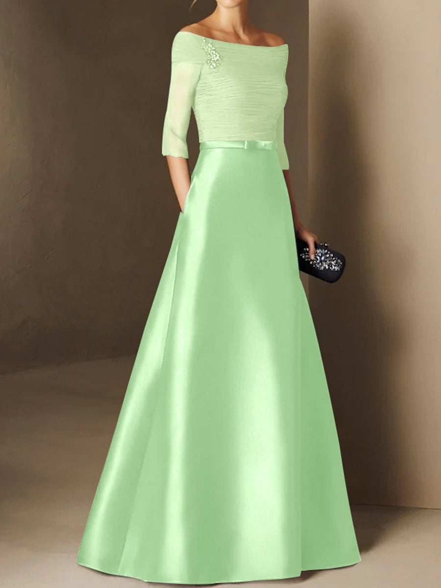 Short-Sleeve Off-the-Shoulder A-Line Mother of the Bride Dress with Belt Applique