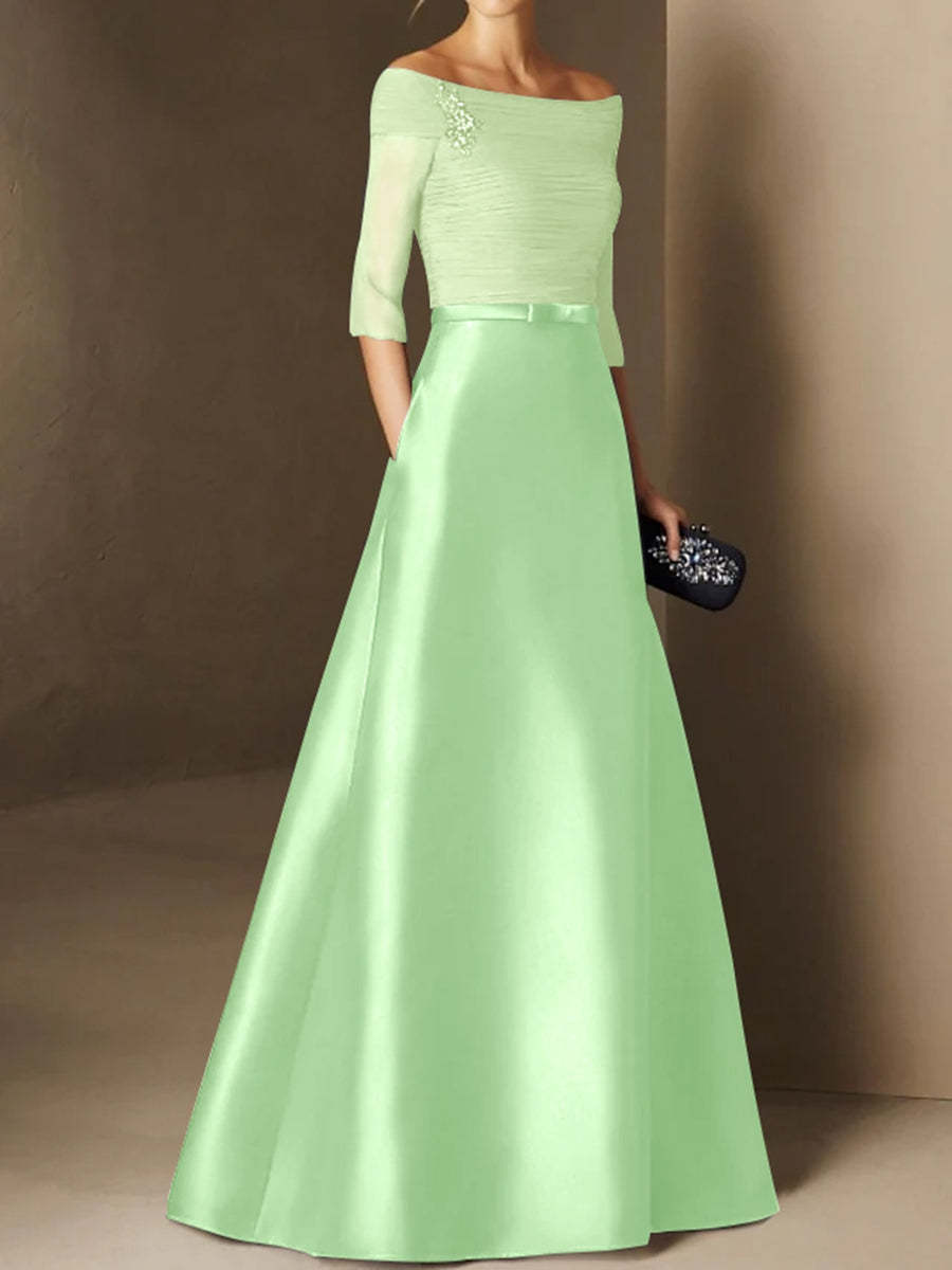 Short-Sleeve Off-the-Shoulder A-Line Mother of the Bride Dress with Belt Applique