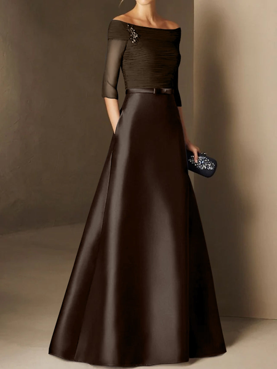 Short-Sleeve Off-the-Shoulder A-Line Mother of the Bride Dress with Belt Applique