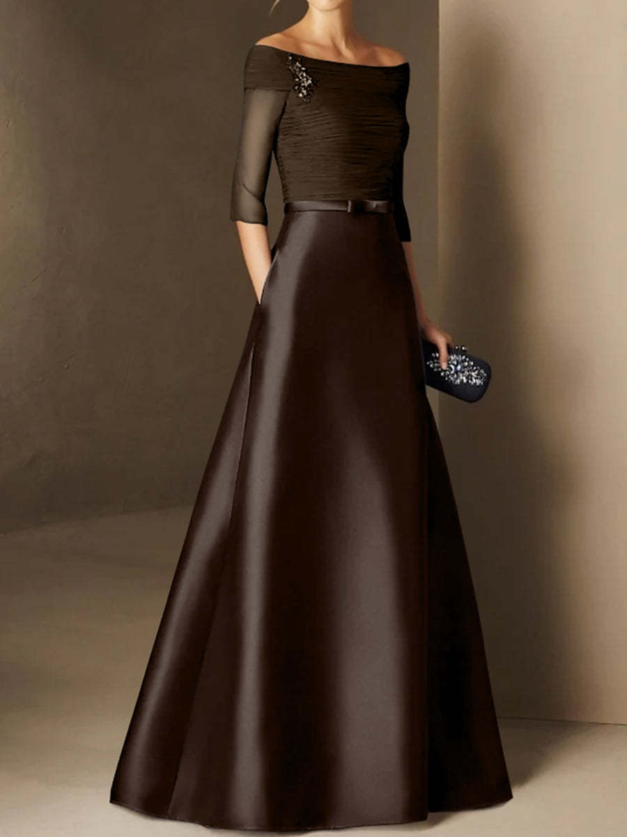 Short-Sleeve Off-the-Shoulder A-Line Mother of the Bride Dress with Belt Applique