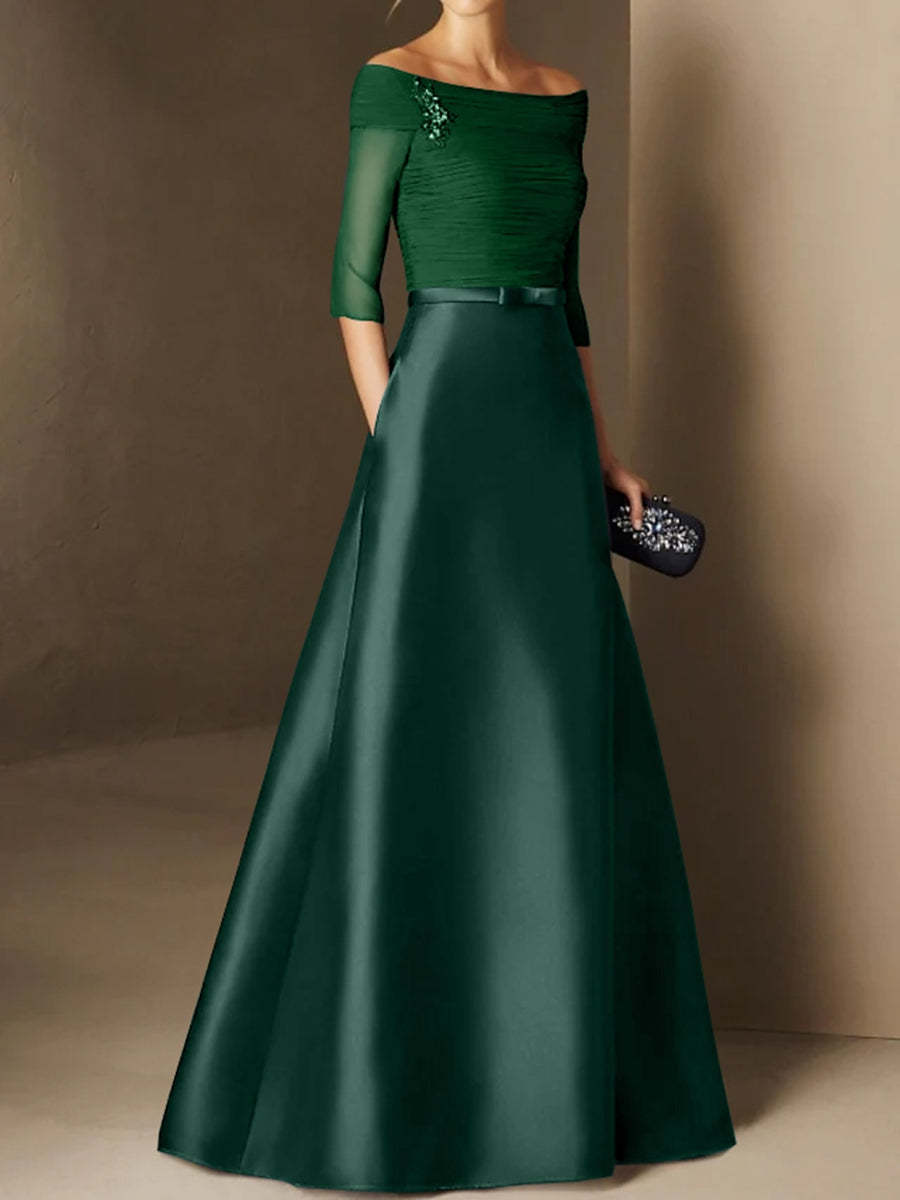 Short-Sleeve Off-the-Shoulder A-Line Mother of the Bride Dress with Belt Applique