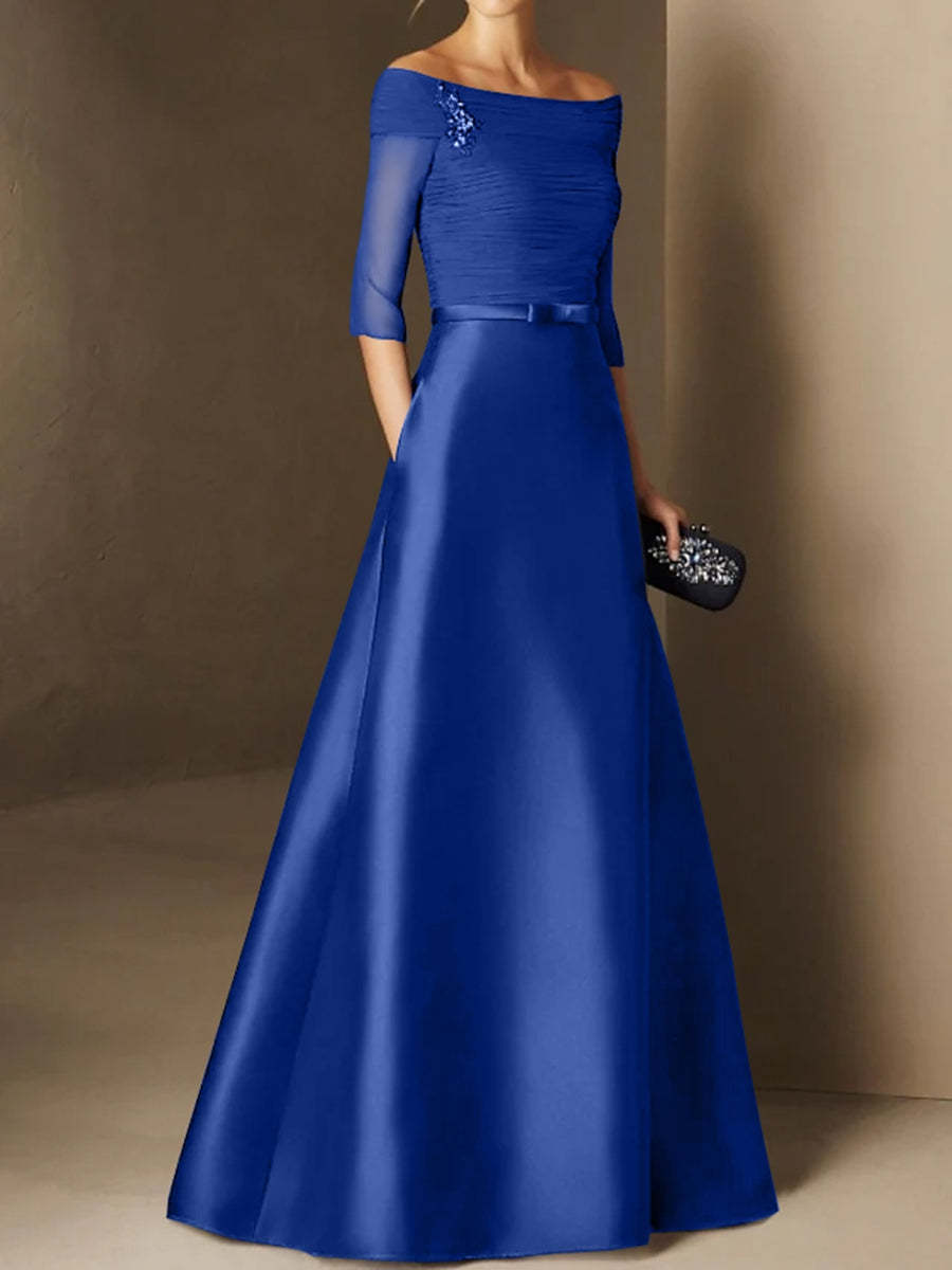 Short-Sleeve Off-the-Shoulder A-Line Mother of the Bride Dress with Belt Applique