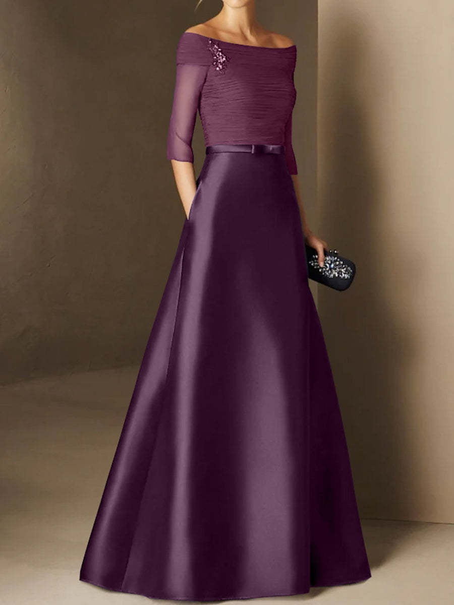 Short-Sleeve Off-the-Shoulder A-Line Mother of the Bride Dress with Belt Applique