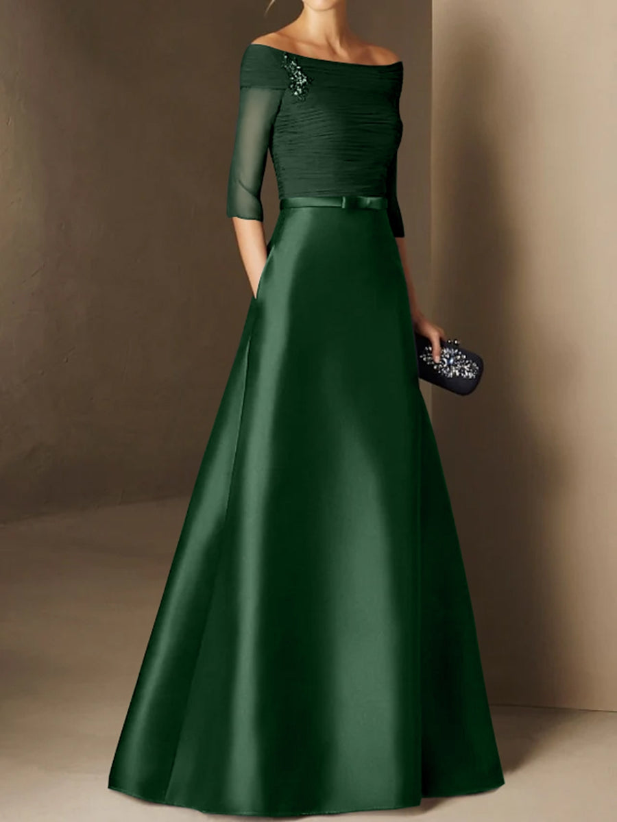 Short-Sleeve Off-the-Shoulder A-Line Mother of the Bride Dress with Belt Applique