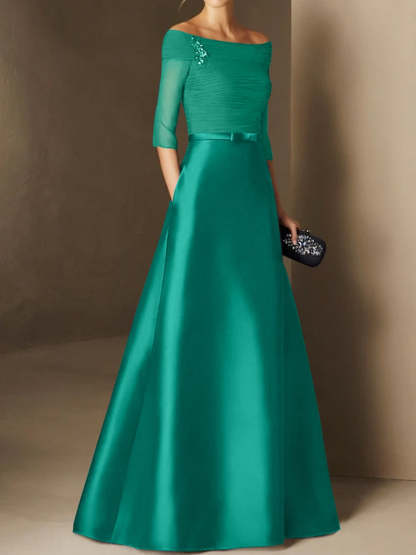 Short-Sleeve Off-the-Shoulder A-Line Mother of the Bride Dress with Belt Applique