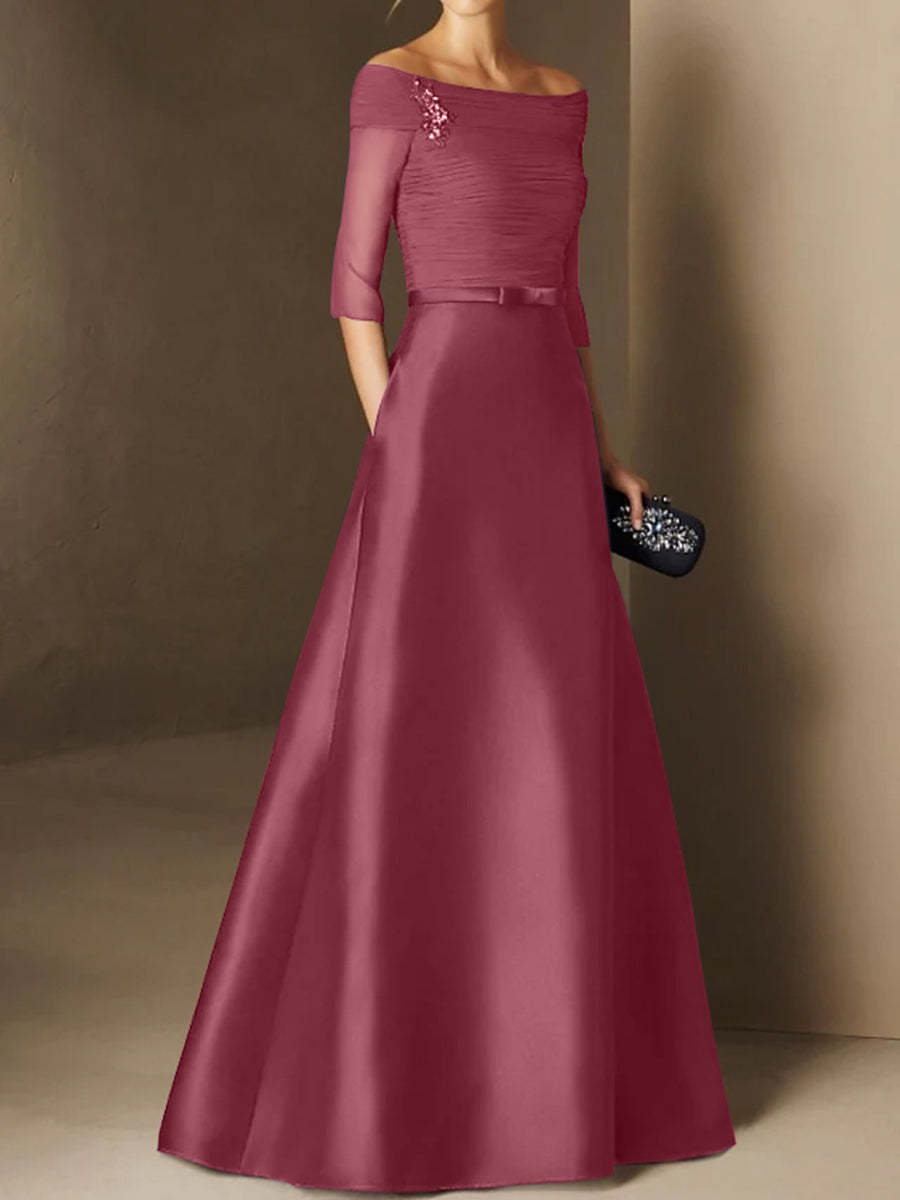 Short-Sleeve Off-the-Shoulder A-Line Mother of the Bride Dress with Belt Applique