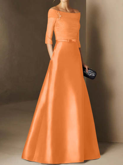 Short-Sleeve Off-the-Shoulder A-Line Mother of the Bride Dress with Belt Applique