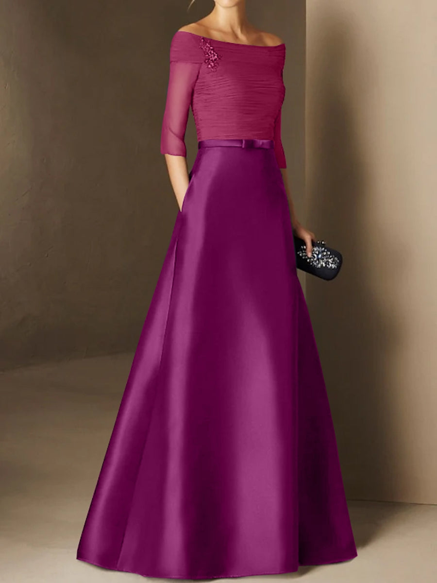 Short-Sleeve Off-the-Shoulder A-Line Mother of the Bride Dress with Belt Applique