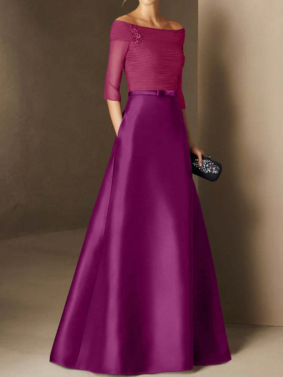Short-Sleeve Off-the-Shoulder A-Line Mother of the Bride Dress with Belt Applique