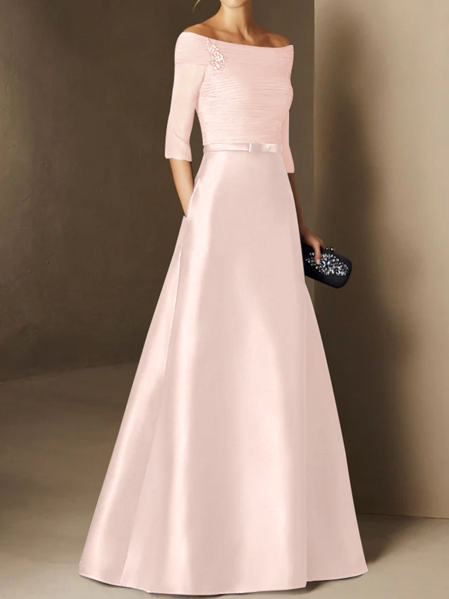 Short-Sleeve Off-the-Shoulder A-Line Mother of the Bride Dress with Belt Applique