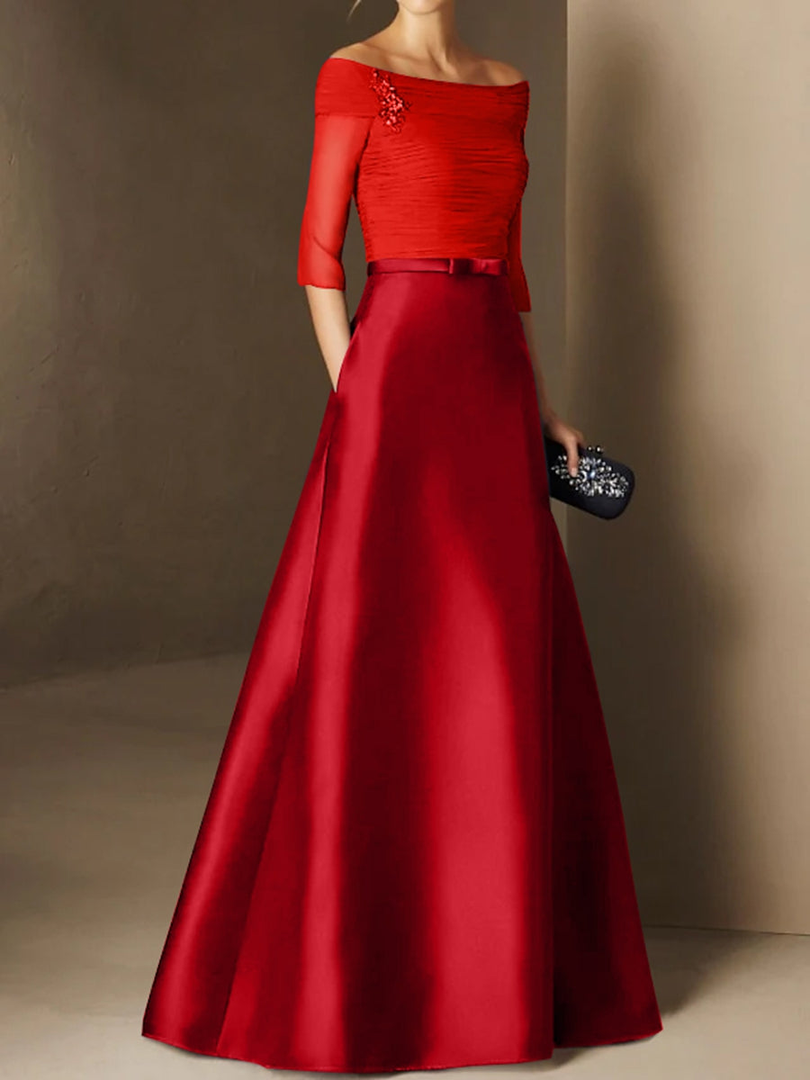 Short-Sleeve Off-the-Shoulder A-Line Mother of the Bride Dress with Belt Applique