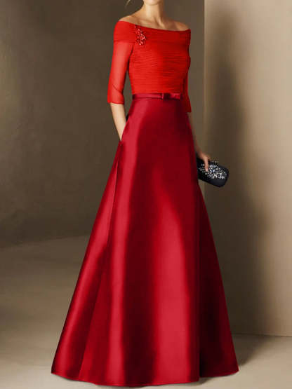 Short-Sleeve Off-the-Shoulder A-Line Mother of the Bride Dress with Belt Applique