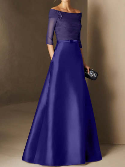 Short-Sleeve Off-the-Shoulder A-Line Mother of the Bride Dress with Belt Applique