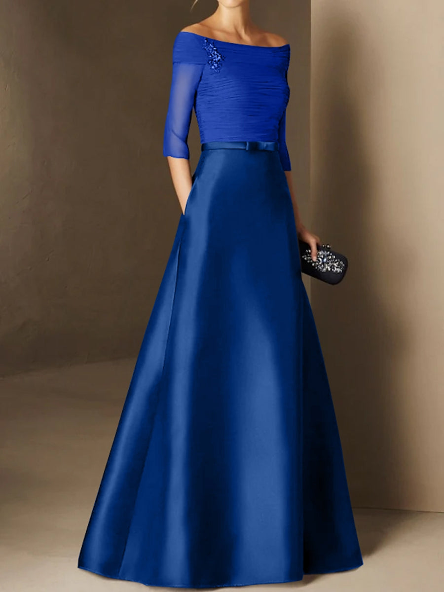 Short-Sleeve Off-the-Shoulder A-Line Mother of the Bride Dress with Belt Applique
