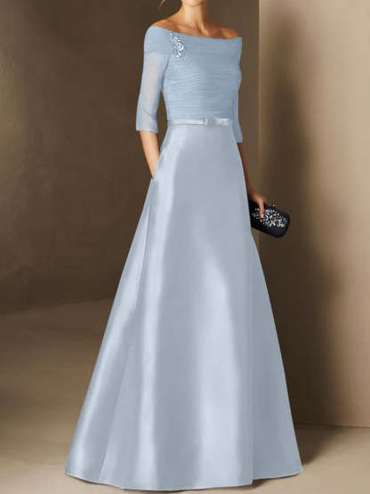 Short-Sleeve Off-the-Shoulder A-Line Mother of the Bride Dress with Belt Applique