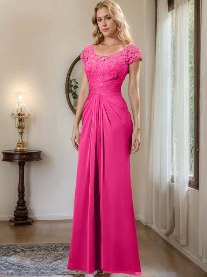 Floor-Length Chiffon Mother of the Bride Dress with Lace Ruffle and Sheath/Column Scoop