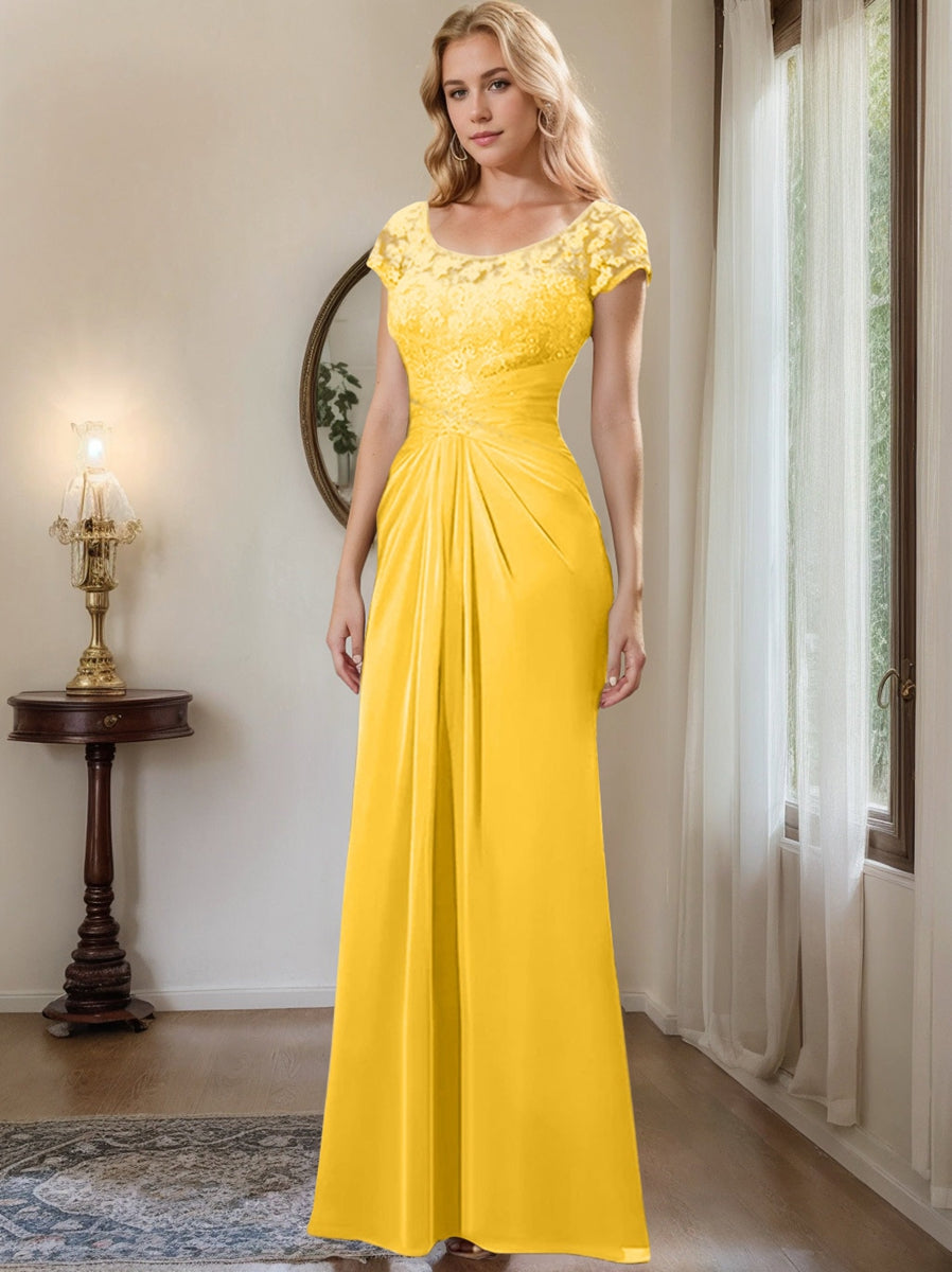 Floor-Length Chiffon Mother of the Bride Dress with Lace Ruffle and Sheath/Column Scoop