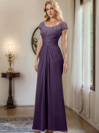 Floor-Length Chiffon Mother of the Bride Dress with Lace Ruffle and Sheath/Column Scoop