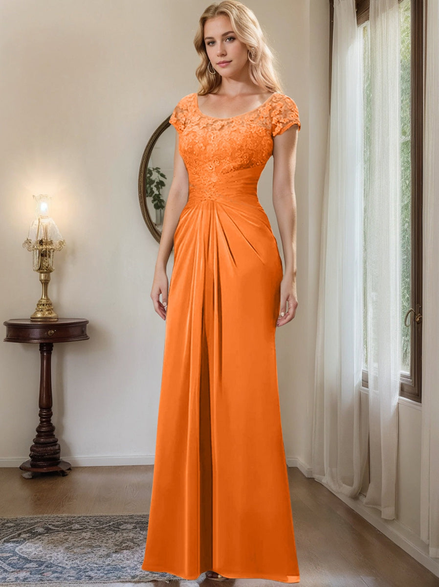 Floor-Length Chiffon Mother of the Bride Dress with Lace Ruffle and Sheath/Column Scoop