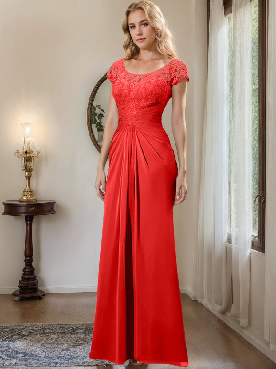 Floor-Length Chiffon Mother of the Bride Dress with Lace Ruffle and Sheath/Column Scoop