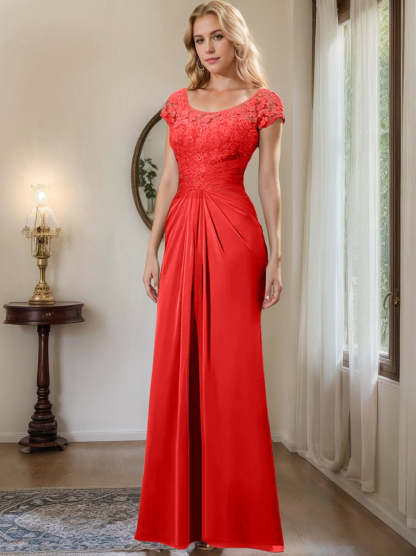 Floor-Length Chiffon Mother of the Bride Dress with Lace Ruffle and Sheath/Column Scoop
