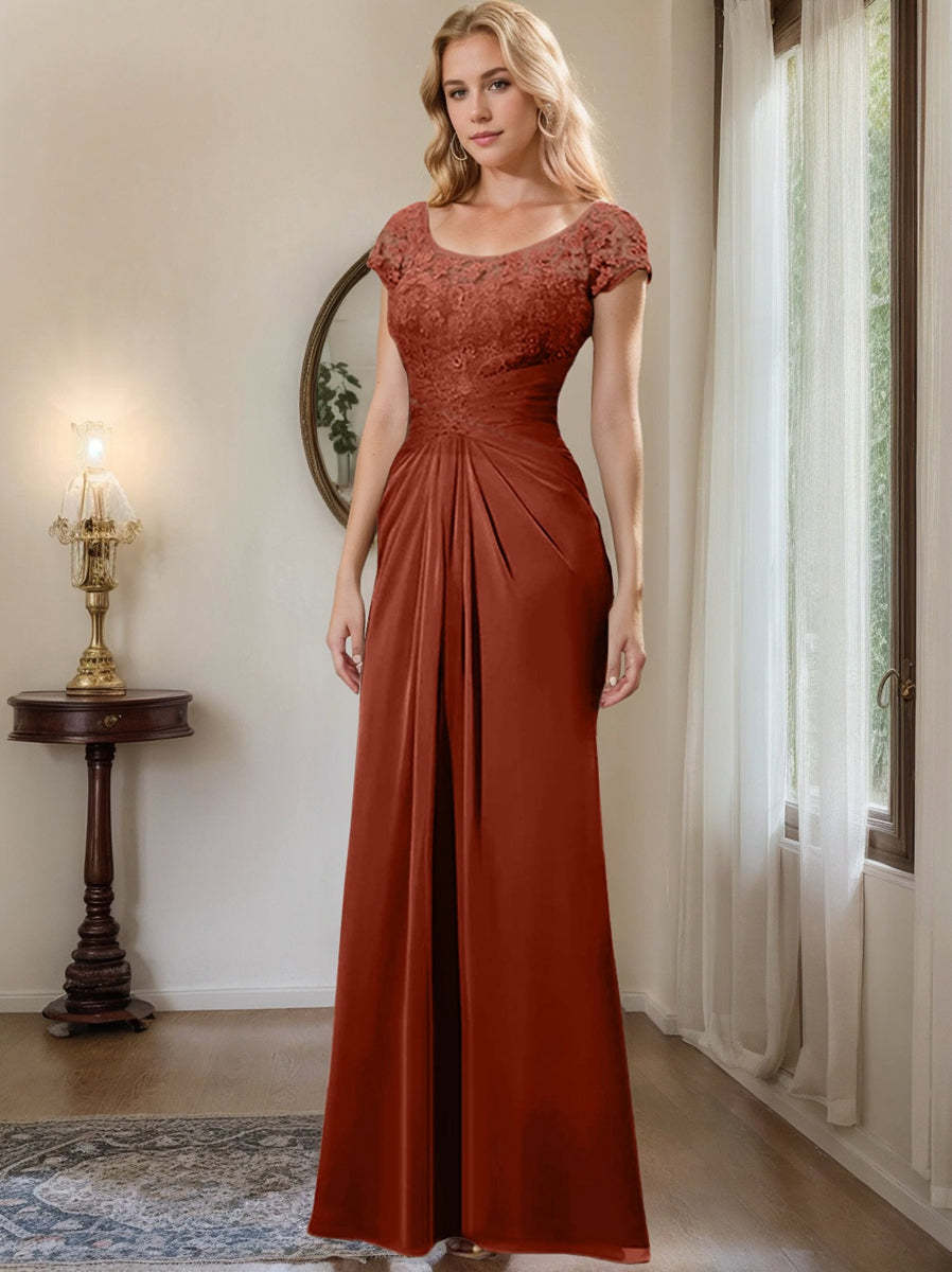 Floor-Length Chiffon Mother of the Bride Dress with Lace Ruffle and Sheath/Column Scoop