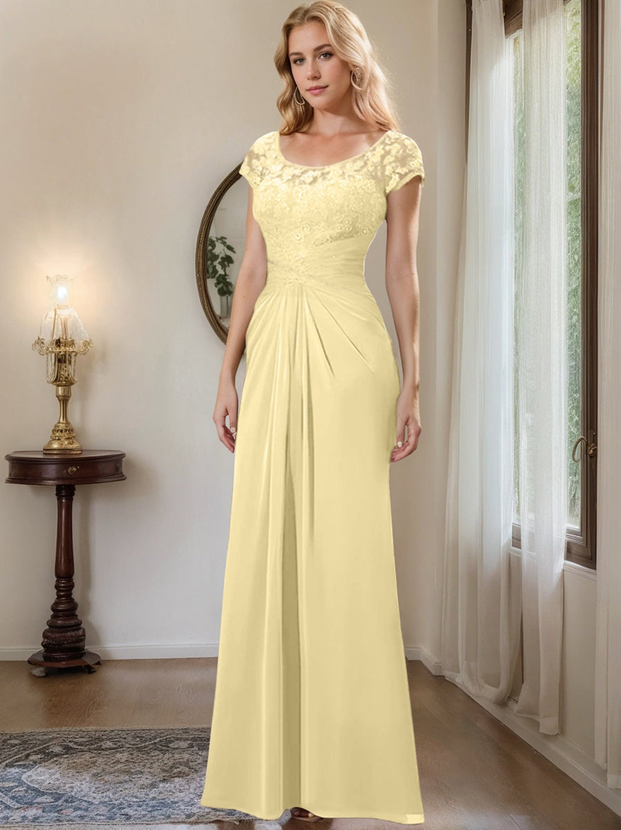 Floor-Length Chiffon Mother of the Bride Dress with Lace Ruffle and Sheath/Column Scoop