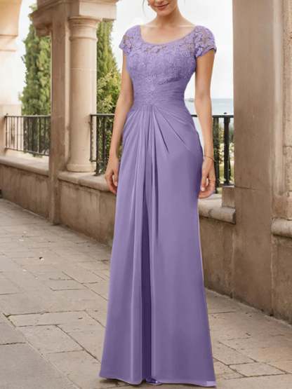 Floor-Length Chiffon Mother of the Bride Dress with Lace Ruffle and Sheath/Column Scoop