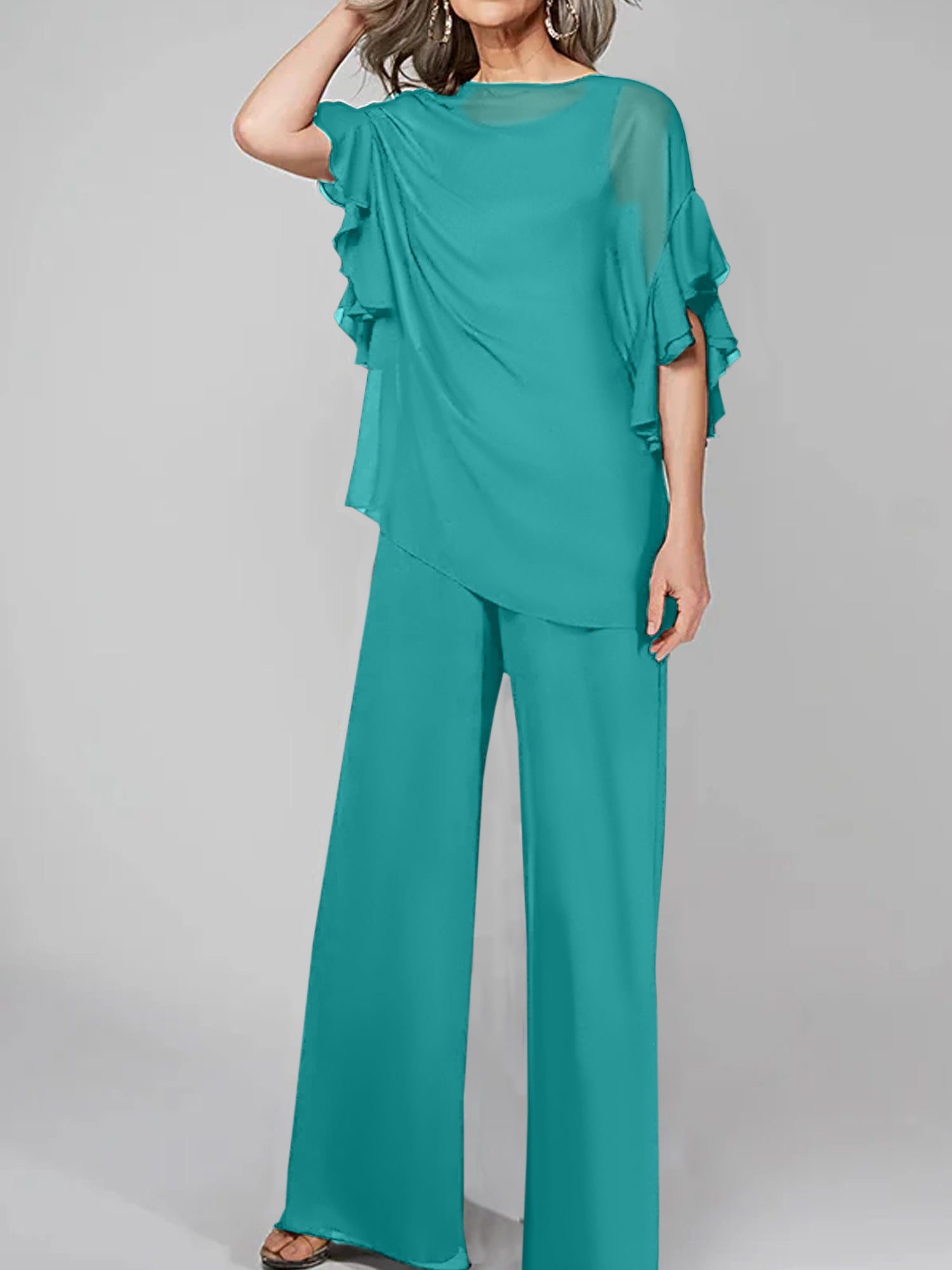 Chiffon Mother of the Bride Pantsuits with Scoop Neck and Half Sleeves