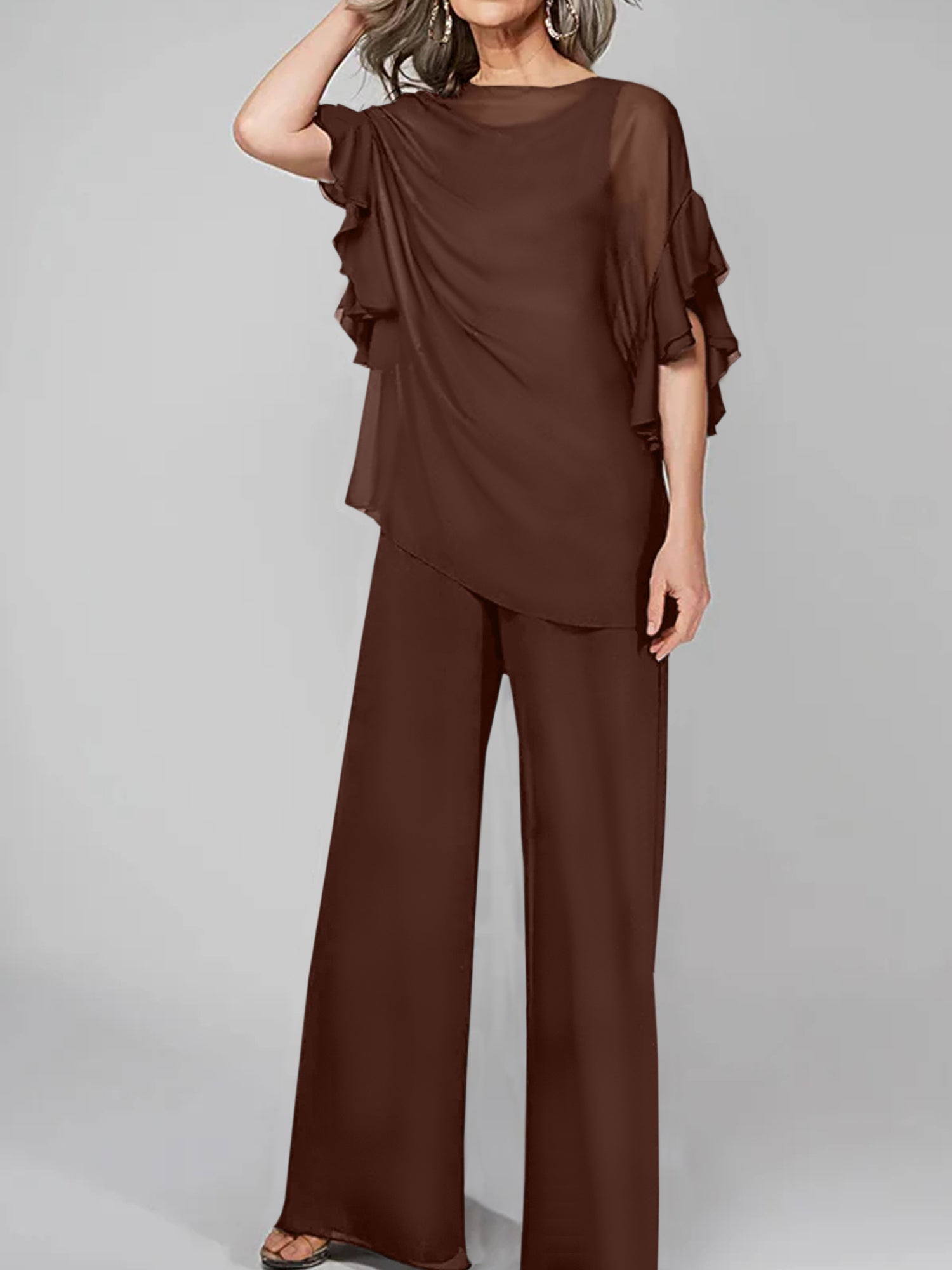 Chiffon Mother of the Bride Pantsuits with Scoop Neck and Half Sleeves