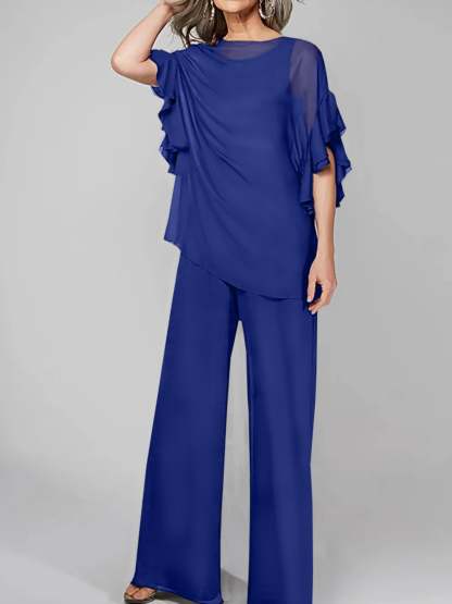 Chiffon Mother of the Bride Pantsuits with Scoop Neck and Half Sleeves