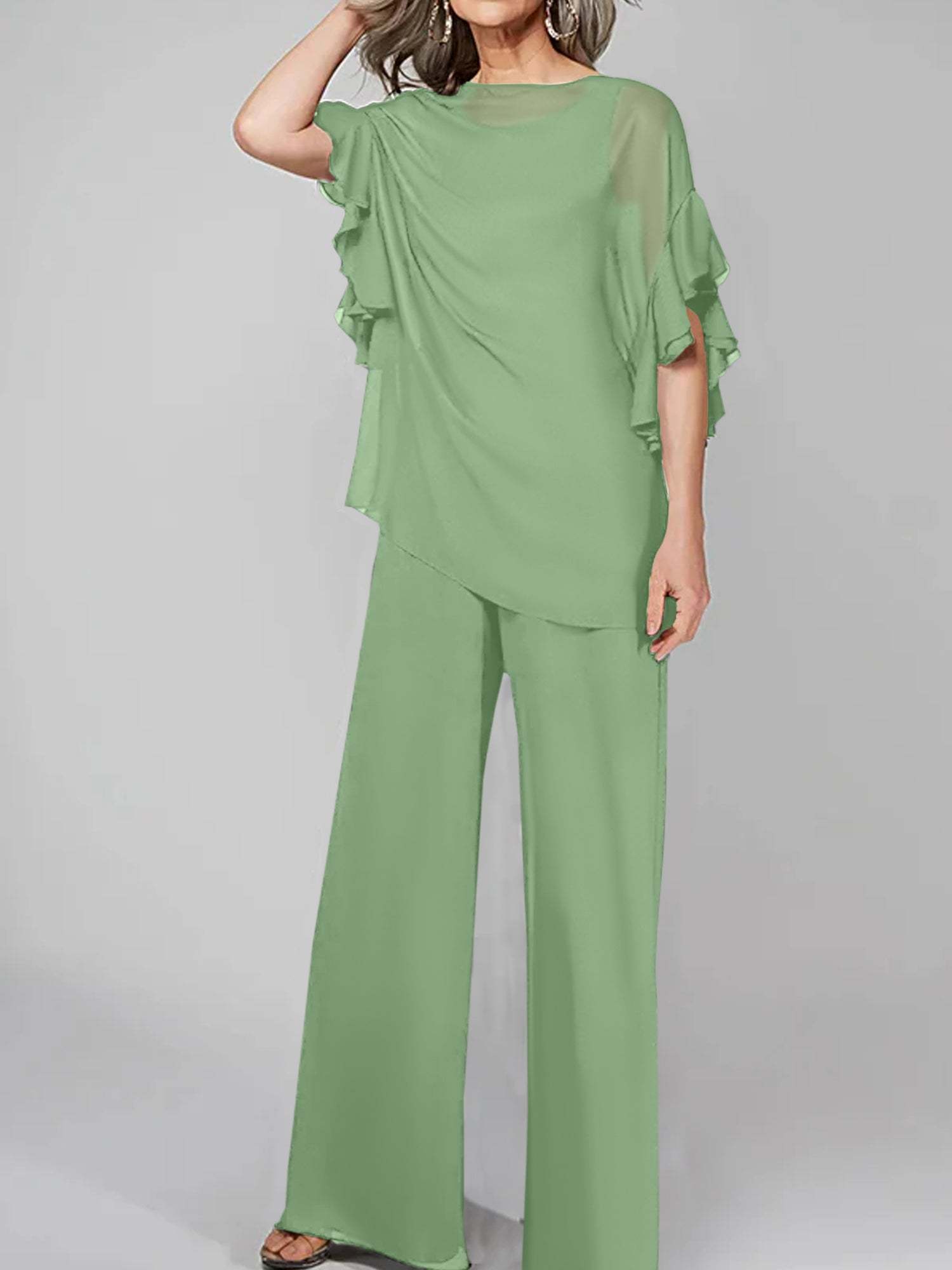 Chiffon Mother of the Bride Pantsuits with Scoop Neck and Half Sleeves