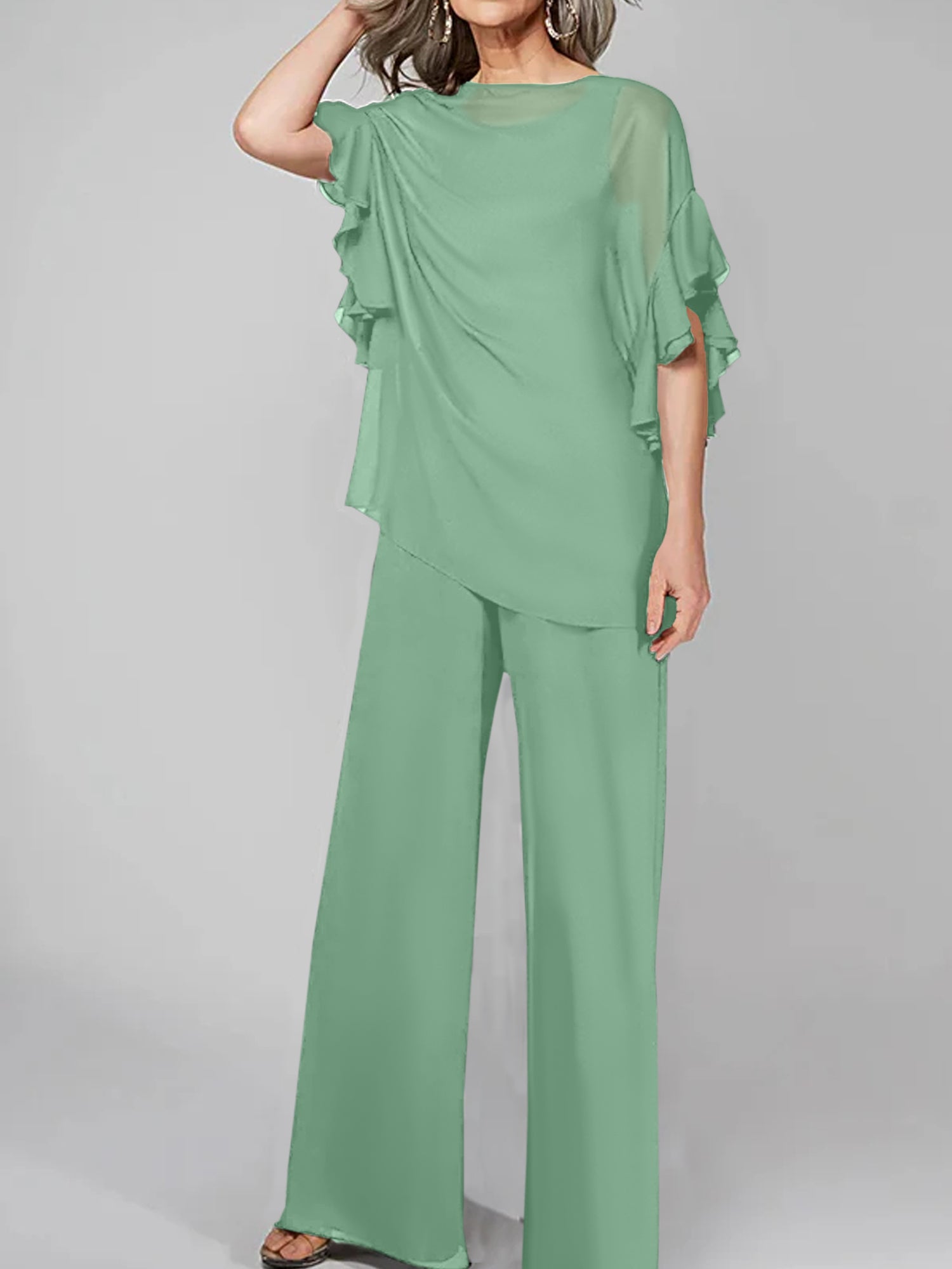 Chiffon Mother of the Bride Pantsuits with Scoop Neck and Half Sleeves
