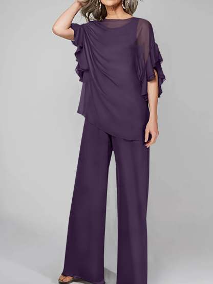 Chiffon Mother of the Bride Pantsuits with Scoop Neck and Half Sleeves