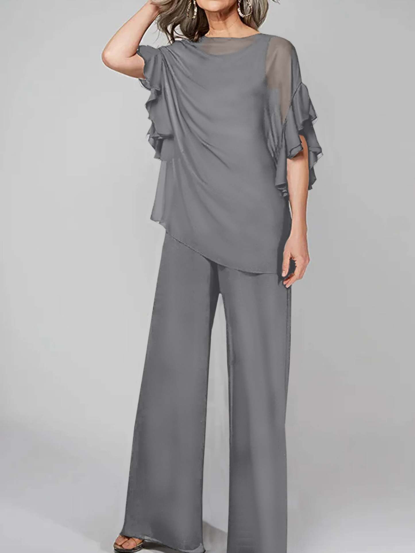 Chiffon Mother of the Bride Pantsuits with Scoop Neck and Half Sleeves