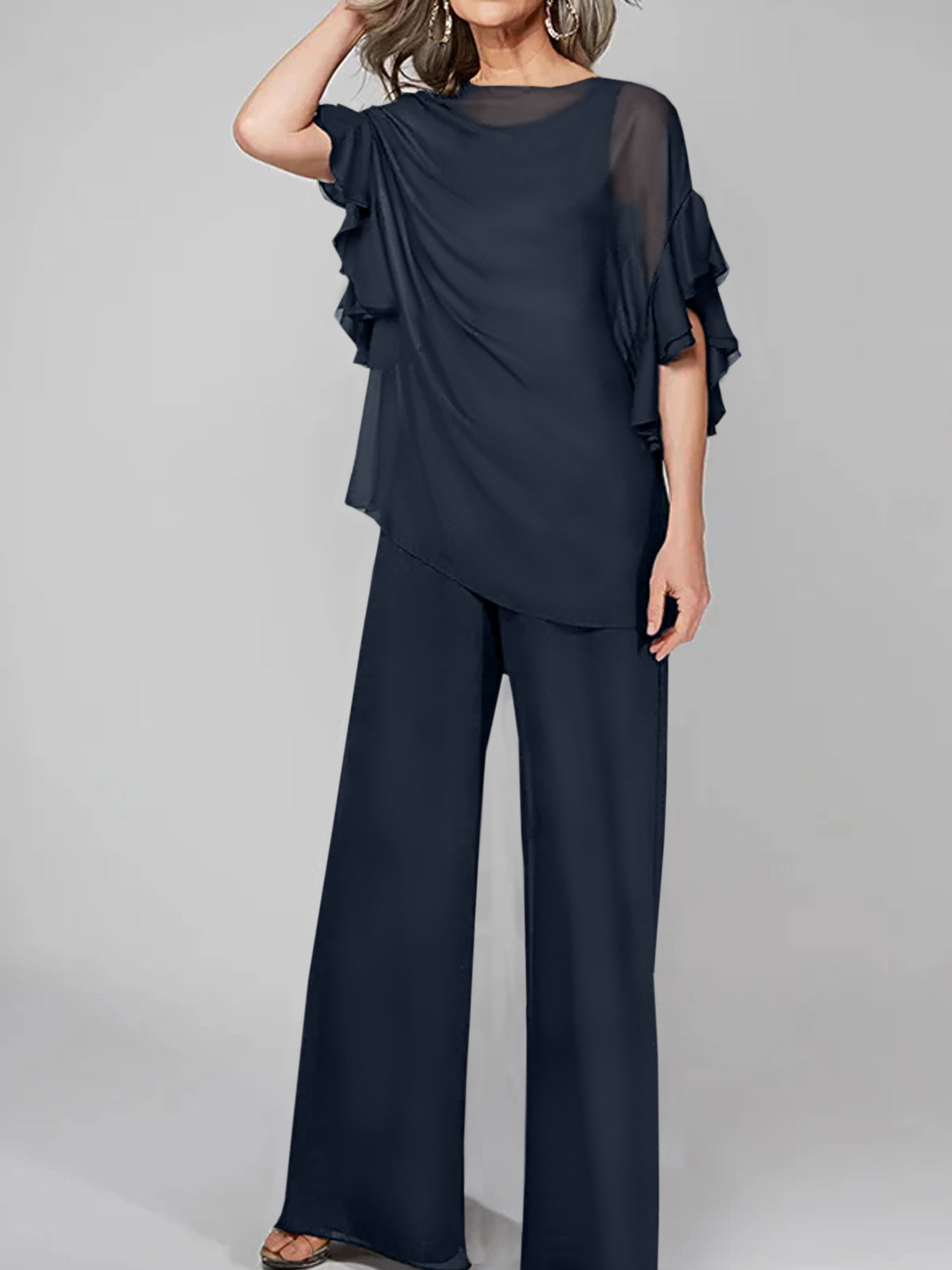 Chiffon Mother of the Bride Pantsuits with Scoop Neck and Half Sleeves