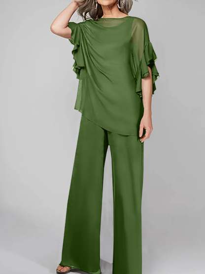 Chiffon Mother of the Bride Pantsuits with Scoop Neck and Half Sleeves