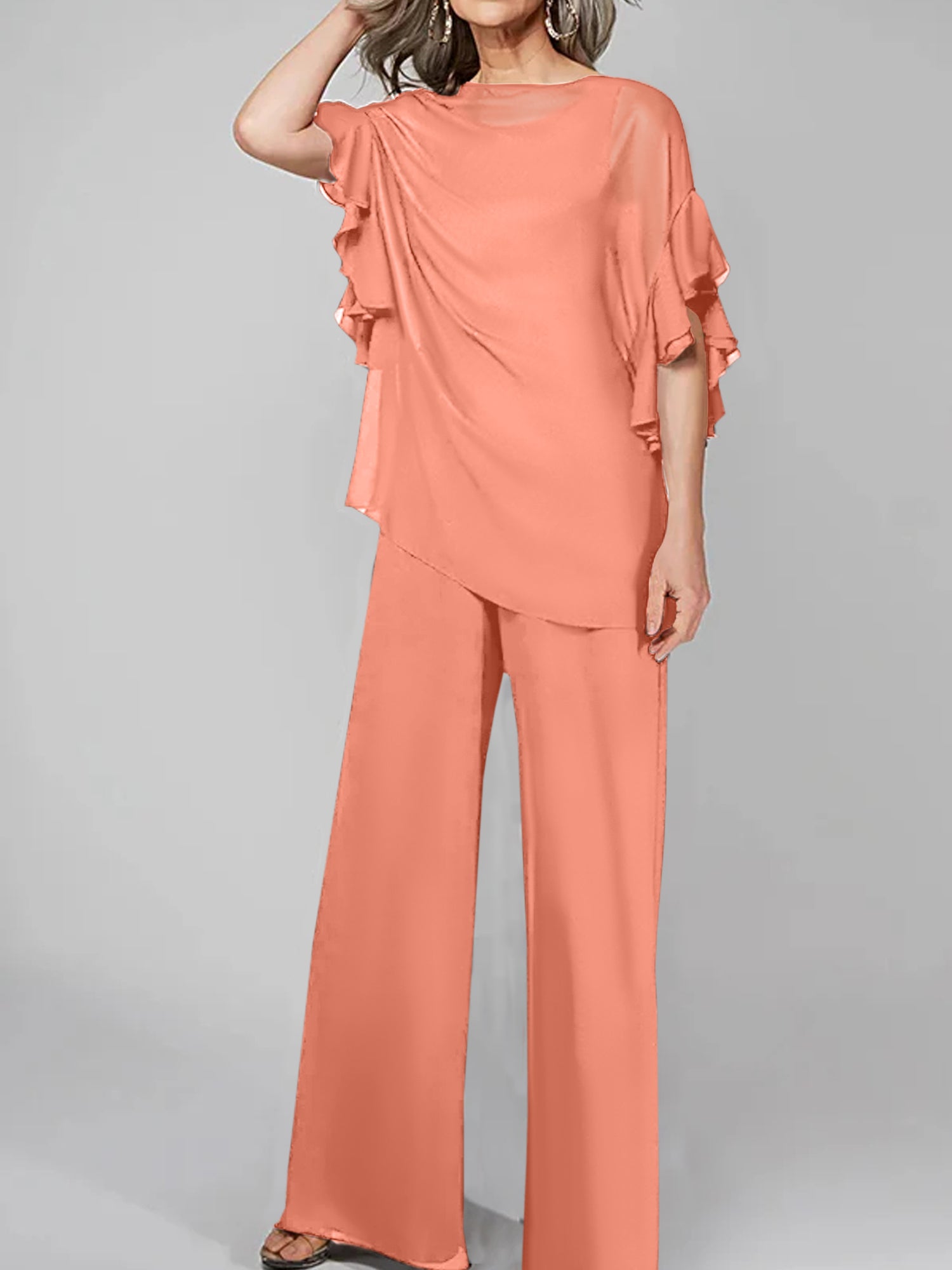 Chiffon Mother of the Bride Pantsuits with Scoop Neck and Half Sleeves