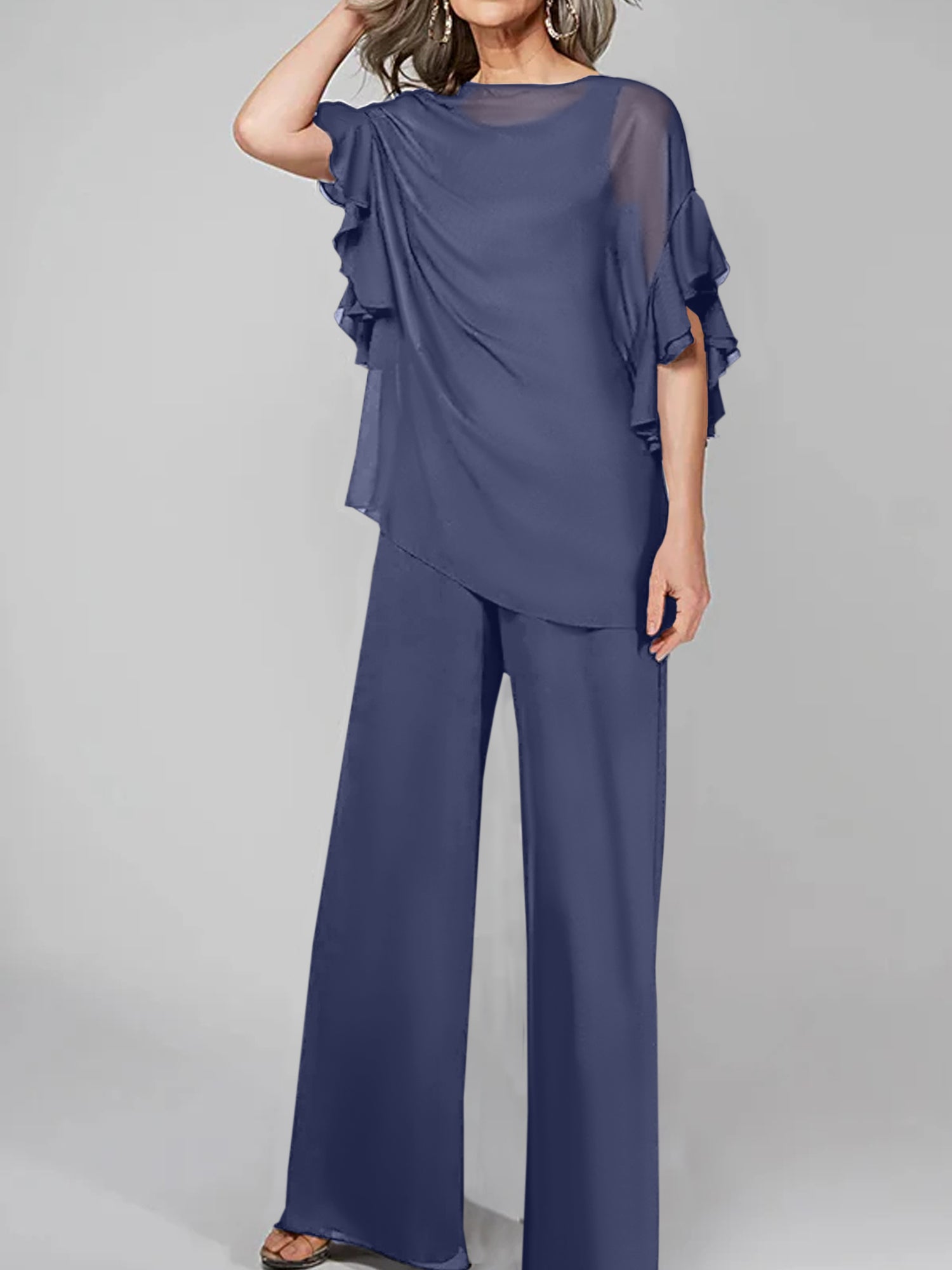 Chiffon Mother of the Bride Pantsuits with Scoop Neck and Half Sleeves