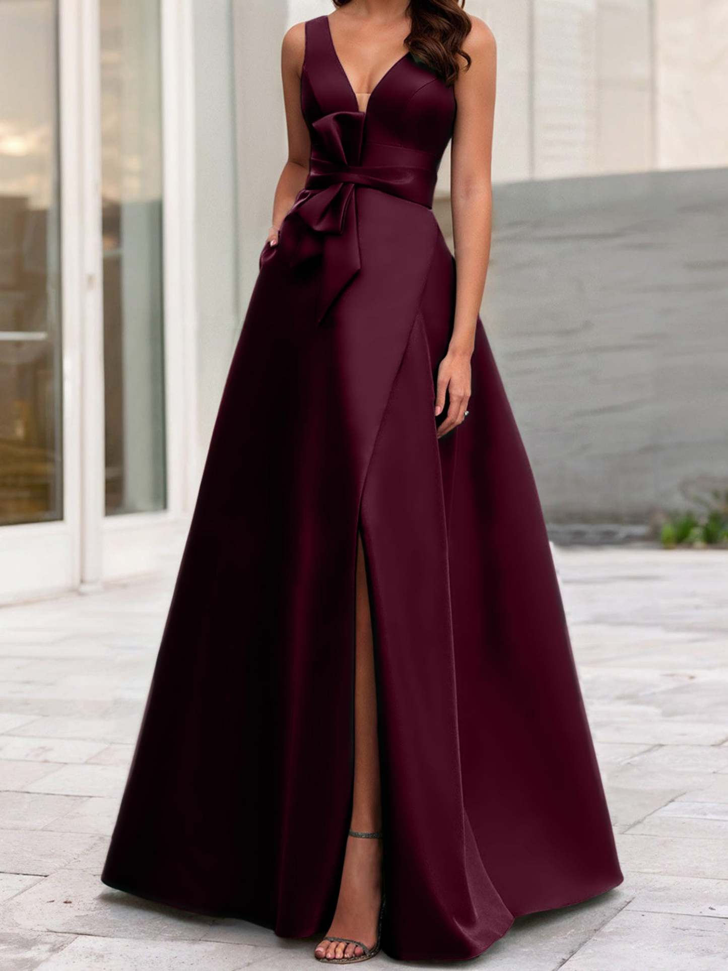 V-Neck Sleeveless A-Line Princess Mother Of The Bride Dress With Side Split