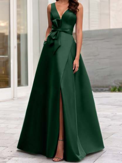 V-Neck Sleeveless A-Line Princess Mother Of The Bride Dress With Side Split