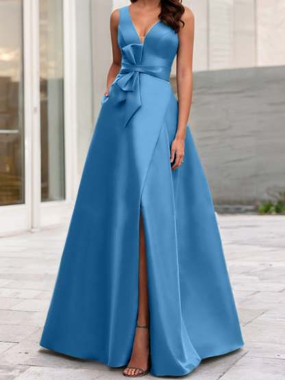 V-Neck Sleeveless A-Line Princess Mother Of The Bride Dress With Side Split
