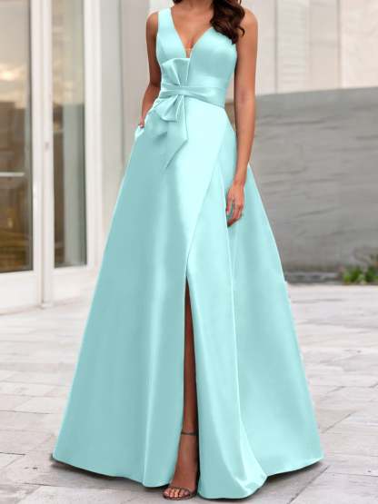 V-Neck Sleeveless A-Line Princess Mother Of The Bride Dress With Side Split