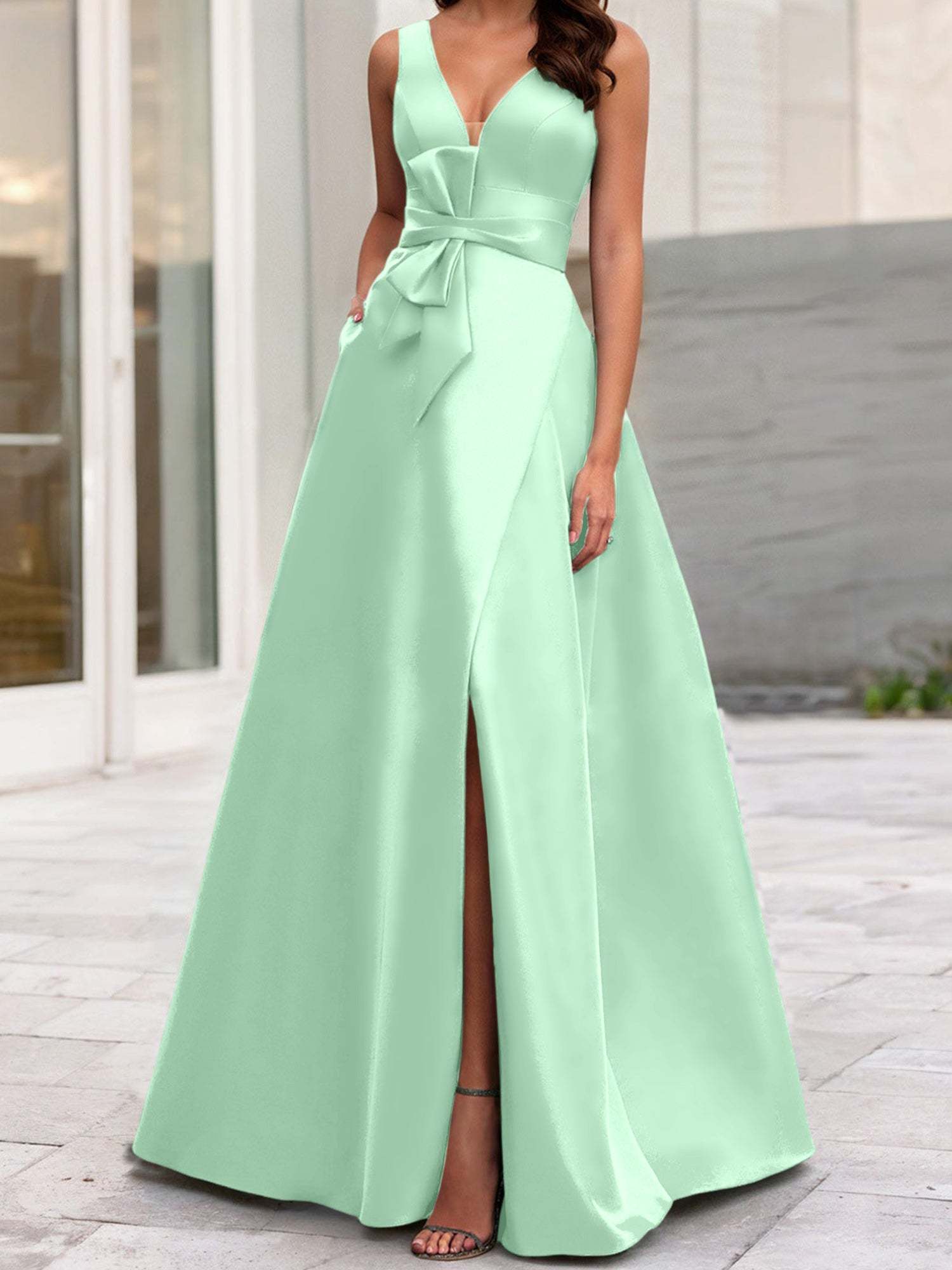 V-Neck Sleeveless A-Line Princess Mother Of The Bride Dress With Side Split