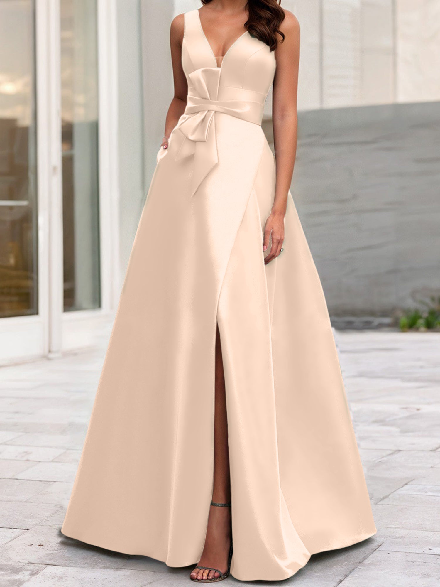 V-Neck Sleeveless A-Line Princess Mother Of The Bride Dress With Side Split