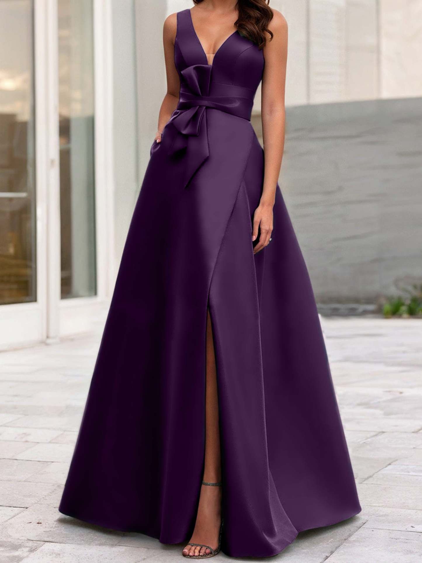 V-Neck Sleeveless A-Line Princess Mother Of The Bride Dress With Side Split